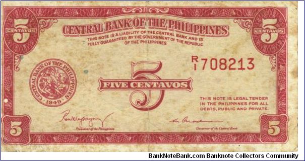 PI-126 Central Bank of the Philippines 5 Centavos note. I will sell or trade this note for Philippine or Japan occupation notes I need. Banknote