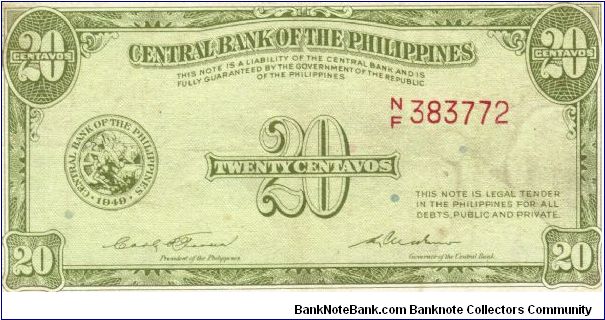 PI-130b Central Bank of the Philippines 20 Centavos note. I will sell or trade this note for Philippine or Japan occupation notes I need. Banknote