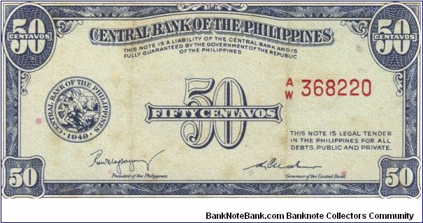 PI-131 Central Bank of the Philippines 50 Centavos note. I will sell or trade this note for Philippine or Japan occupation notes I need. Banknote
