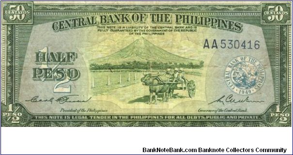 PI-132 Central Bank of the Philippines Half Peso note. I will sell or trade this note for Philippine or Japan occupation notes I need. Banknote