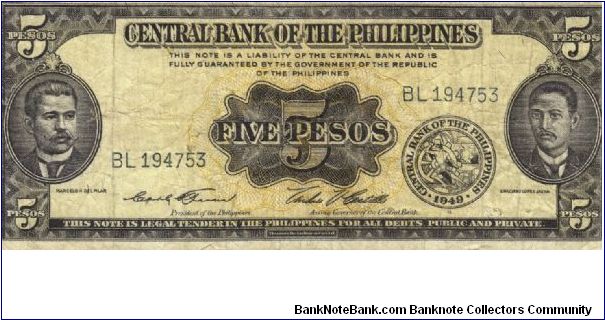 PI-135d Central Bank of the Philippines 5 Pesos note. I will sell or trade this note for Philippine or Japan occupation notes I need. Banknote