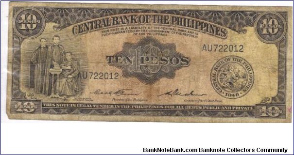 PI-136c Central Bank of the Philippines 10 Pesos note. I will sell or trade this note for Philippine or Japan occupation notes I need. Banknote