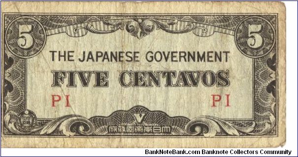 PI-103 Philippine 5 centavos note under Japan rule, block letters PI. I will sell or trade this note for Philippine or Japan occupation notes I need. Banknote