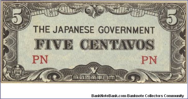 PI-103 Philippine 5 centavos note under Japan rule, block letters PN. I will sell or trade this note for Philippine or Japan occupation notes I need. Banknote