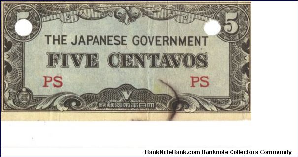 PI-103 Philippine 5 centavos note under Japan rule, block letters PS. I will sell or trade this note for Philippine or Japan occupation notes I need. Banknote