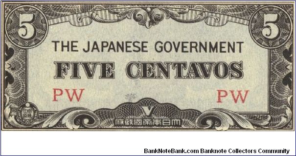 PI-103 Philippine 5 centavos note under Japan rule, block letters PW. I will sell or trade this note for Philippine or Japan occupation notes I need. Banknote