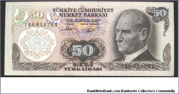 Drak brown on multicolour underprint. New portrait of at right. Marble Fountain in Topkapi in Istanbul on back. Two signature varieties. Banknote
