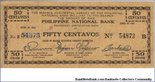 S-575a Misamis Occidental 50 Centavos note. Check pritector in blue and red. No price listed for this RARE condition. Banknote