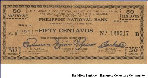 S-575b Misamis Occidental 50 Centavos note. Check protector in blue. No price listed for this RARE condition. Banknote