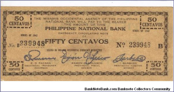 S-576b Misamis Occidental 50 Centavos note. Countersigned Oteyza. No price listed for this RARE condition. Banknote