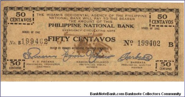 S-576c Misamis Occidental 50 Centavos note. Countersigned Cuerpo. No price listed for this RARE condition. Banknote