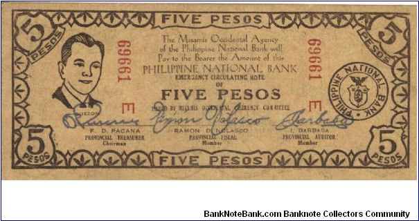 S-578b Misamis Occidental 5 Pesos note. Countersigned Barbasa. No price listed for this RARE condition. Banknote