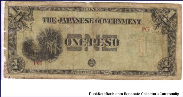 PI-106 Philippine 1 Peso note under Japan rule, block letters PG. I will sell or trade this note for Philippine or Japan occupation notes I need. Banknote