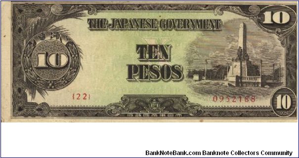 PI-111 Philippine 10 Pesos note under Japan rule, plate number 22. I will sell or trade this note for Philippine or Japan occupation notes I need. Banknote