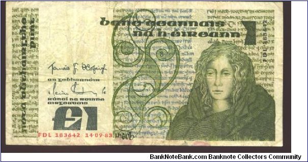 Dark olive-green and green on multicolour underrpint. Queen Medb at right. Old writing on back. 

Watermark: Lady Lavery

Signature: T. F. O'Cofaigh and M. F. Doyle. 30.06.1982-24.04.1987 Banknote