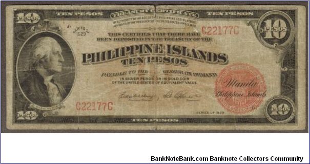 p76 1929 10 Peso Philippine Islands Treasury Certificate Banknote