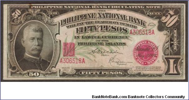 p49 1920 50 Peso Philippine National Bank Circulating Note Banknote