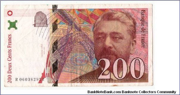 200 Francs.

Gustave Eiffel at right, observatory at upper left center, Eiffel tower truss at center on face; wiew through tower base across exhibition grounds at left center on back.

Pick #159b Banknote