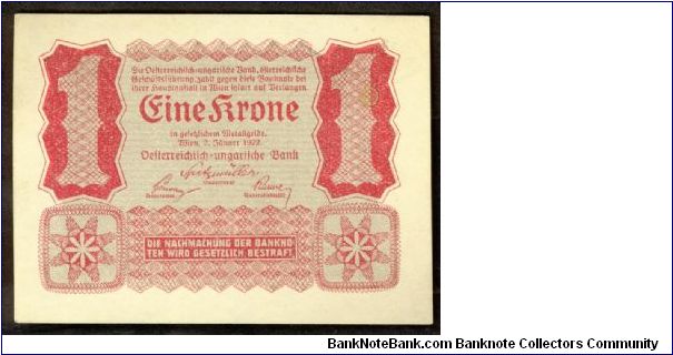 Austria 1 Krone 1922 P73 Uniface. Banknote