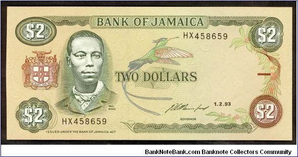 Jamaica 2 Dollars 1993 P69e. Banknote
