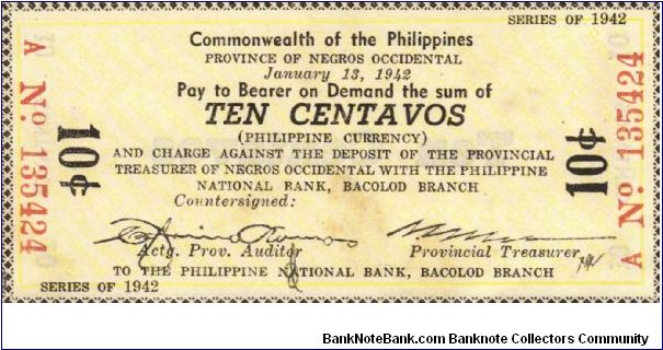 S-631 Province of Negros Occidental 10 centavos note, RARE and unlisted in this condition. Banknote