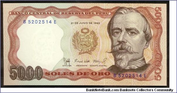 Peru 5000 Soles De Oro 1985 P117c. Banknote