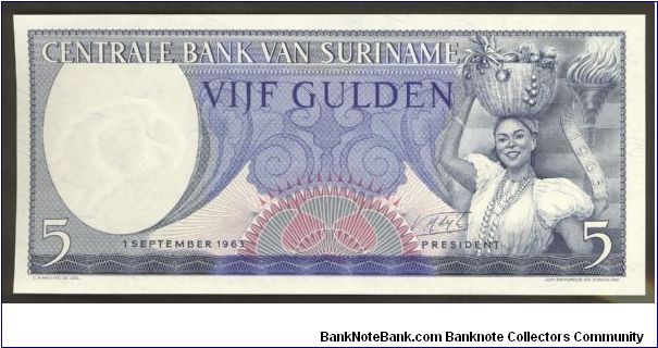 Suriname 5 Gulden 1963 P120. Banknote