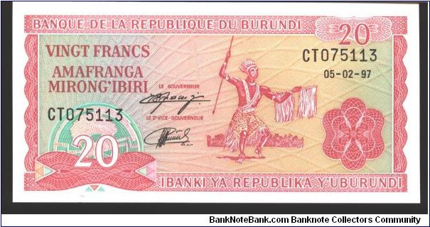Red on multicolour underprint. Face design like #21.

D) Signature titles: LE GOUVERNEUR and and LE 2e VICE_GOUVERNEUR. 05.02.97 Banknote