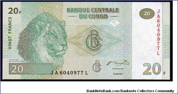 *DEMOCRATIC REPUBLIC*
__

20 Francs__
pk# 94__30.06.2003 Banknote