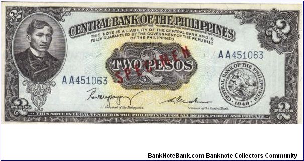 PI-134 Philippine 2 Pesos Specimen note. Banknote