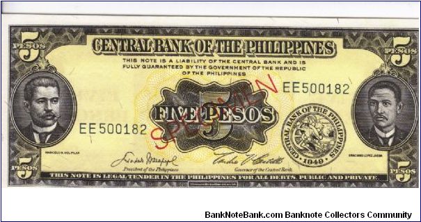 PI-135 Philippine 5 Pesos Specimen note. Banknote