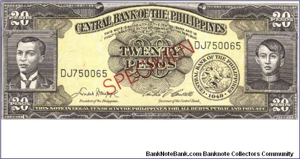 PI-137 Philippine 20 Pesos Sprcimen note #1 Banknote