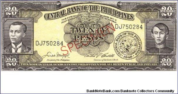 PI-137 Philippine 20 Pesos Specimen note #2. I will sell or trade this note for Philippine or Japan occupation notes I need. Banknote