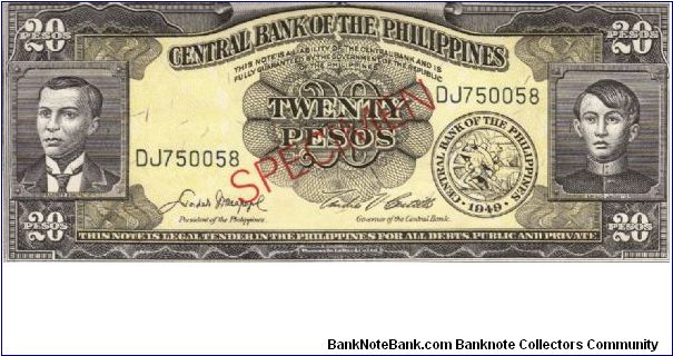 PI-137 Philippine 20 Pesos Specimen note #3. I will sell or trade this note for Philippine or Japan occupation notes I need. Banknote