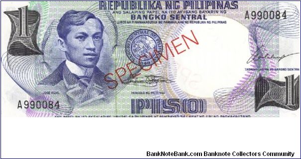 Philippine 1 Peso Specimen note. Banknote