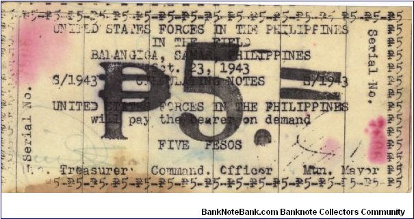 SMR-187 Samar 5 Pesos note. I will trade this note for Philippine or Japan occupation notes I need. Banknote