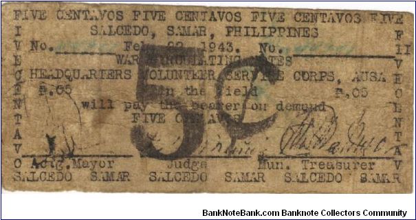 SMR-781 Samar 5 centavos note. Banknote