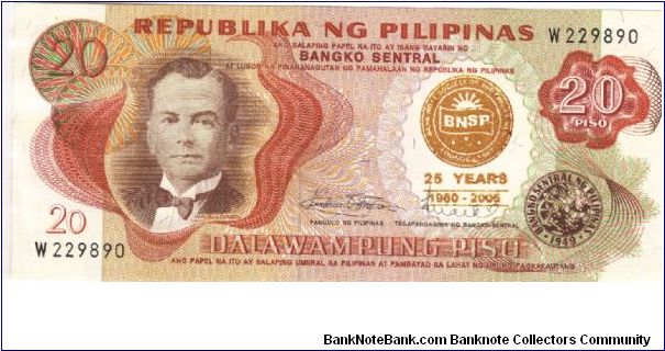 Philippine 20 Pesos note with BNSP ovrpring. Banknote