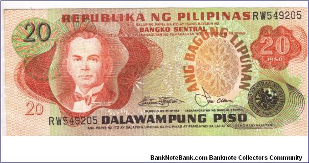 Philippine 20 Pesos note in series, 2 of 2. Banknote