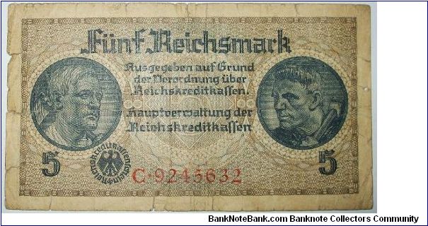5 mark nazi ocupation in europe. 7 digits Banknote