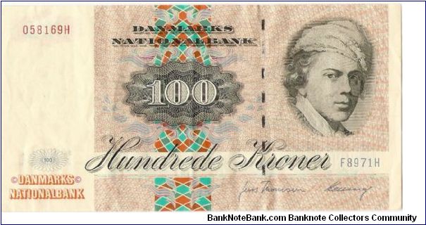 100 Kroner.

Jens Juel's self-portrait (ca. 1773-74) at right on face; Danish Red Order Ribbon at left on back.

Pick #54g Banknote