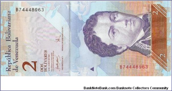 2 Bolivares.

Francisco de Miranda at center in vertical format on face; amazon two river dolphins (Inia Geoffrensis) at center, Parco Nacional Médaros de Coro in background on back.

Pick #NEW Banknote
