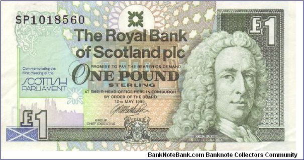 Royal Bank of Scotland special 'First meeting of the Scottish Parliament' pound note. Reverse features the old Scottish Parliament building. Banknote