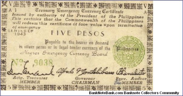 PI-662 Negros 5 Pesos note with large Series of 1943. Banknote