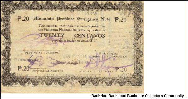 PI-593 Mountain Province 20 Centavos note with countersign on reverse. Banknote