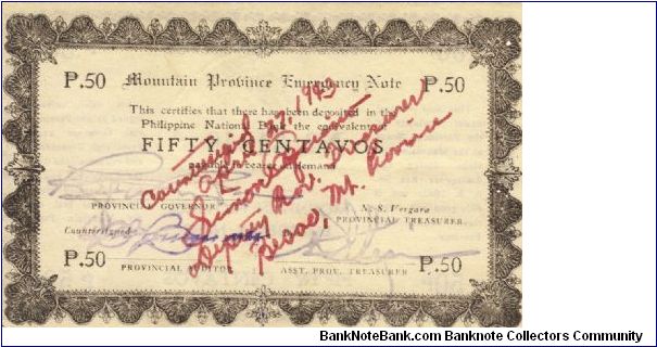 PI-594 Mountain Province 50 Centavos note, countersigned on front. Banknote