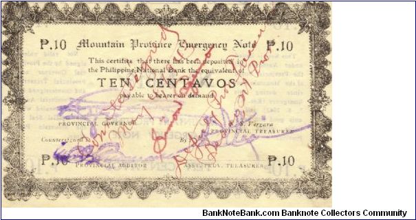 PI-592 Mountain Privince 10 Centavos note with countersign on front. Banknote