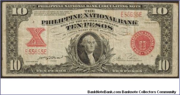p58 1937 10 Peso PNB Circulating Note RADAR Banknote