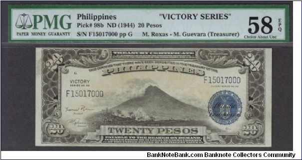 p98b 1944 20 Peso Victory Treasury Certificate (Roxas-Guevara signatures) Banknote