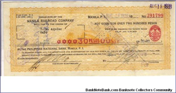 Manila Railroad Company Check with 2 cent imprinted revenue stamp. Banknote